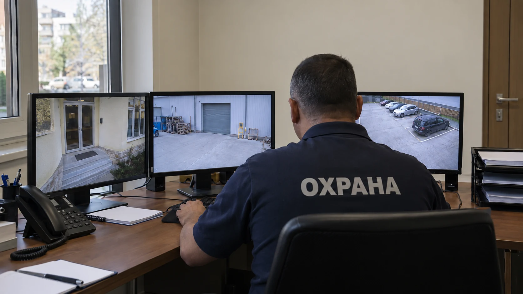 Оператор наблюдава охранявани обекти на монитори
